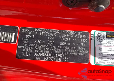 2011 Kia Forte Koup Sx z USA, uszkodzony, nr VIN KNAFW6A3XB5429248